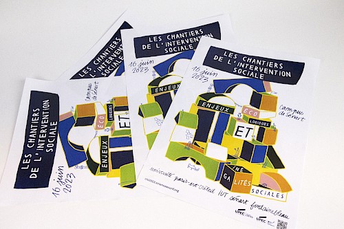 AFFICHE ✺ Les chantiers de l&rsquo;intervention sociale - UPEC : Chaque ann&eacute;e, les &eacute;tudiant&middot;es en Carri&egrave;res sociales de l'Universit&eacute; Paris-Est Cr&eacute;teil,organisent les Chantiers de l'intervention sociale qui sont compos&eacute;s de conf&eacute;rences, d'un forum et de restitution d'ateliers. 
Sont attendu&middot;es pour ces chantiers des &eacute;tudiant&middot;es, des chercheur&middot;es/enseignant&middot;es, des acteurs et actrices locaux (&eacute;lu&middot;es, professionnel&middot;les, habitant&middot;es...).
Cette ann&eacute;e, la th&eacute;matique s&rsquo;axait autour des enjeux &eacute;cologiques et des in&eacute;galit&eacute;s sociales.&nbsp; Afin de communiquer sur cet &eacute;v&eacute;nement, nous avons r&eacute;alis&eacute; l&rsquo;affiche.