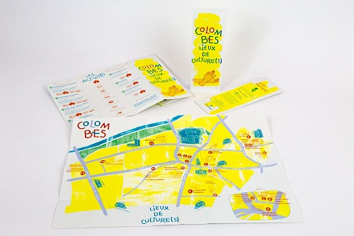 Cartographie ✺ Lieux culturels : Conception et r&eacute;alisation d&rsquo;une cartographie didactique des lieux culturels de Colombes
☞ La ville de Colombes a souhait&eacute; cr&eacute;er un objet graphique et accessible pour permettre aux habitant&middot;es de conna&icirc;tre la proposition des lieux culturels qu&rsquo;elles et ils avaient &agrave; disposition dans la ville.&nbsp;
&rarr;&nbsp; Notre collectif a con&ccedil;u cette carte didactique regroupant les diff&eacute;rentes structures culturelles comme les mus&eacute;es, th&eacute;&acirc;tres, cin&eacute;ma et les centres socio-culturels dans ce d&eacute;pliant A3, &agrave; lire, d&eacute;couvrir et garder aupr&egrave;s de soi.
Nous avons travaill&eacute; &agrave; r&eacute;aliser un inventaire des lieux &agrave; travers une classification sp&eacute;cifique autour d&rsquo;illustrations originales faites au trait, et un traitement des quartiers avec des fonds textur&eacute;s.&nbsp;
◼︎ Informations Techniques ◼︎ Impression de 10 000 exemplaires⎮D&eacute;pliants 8 volets⎮Format fini : 75 x 210 mm⎮Format ouvert : 300 x 420 mm ⎮Quadrichromie⎮Papier 115 g/m2 - Couch&eacute; Satin
&nbsp;